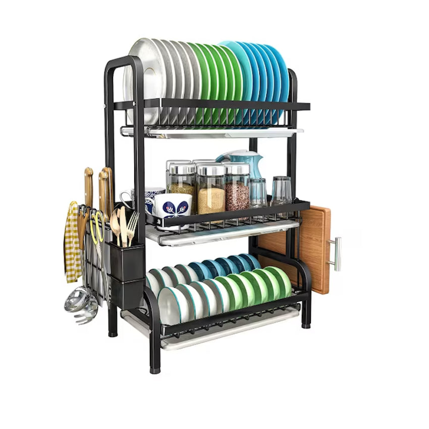 Uscator de vase supraetajat cu 3 polite din metal, negru