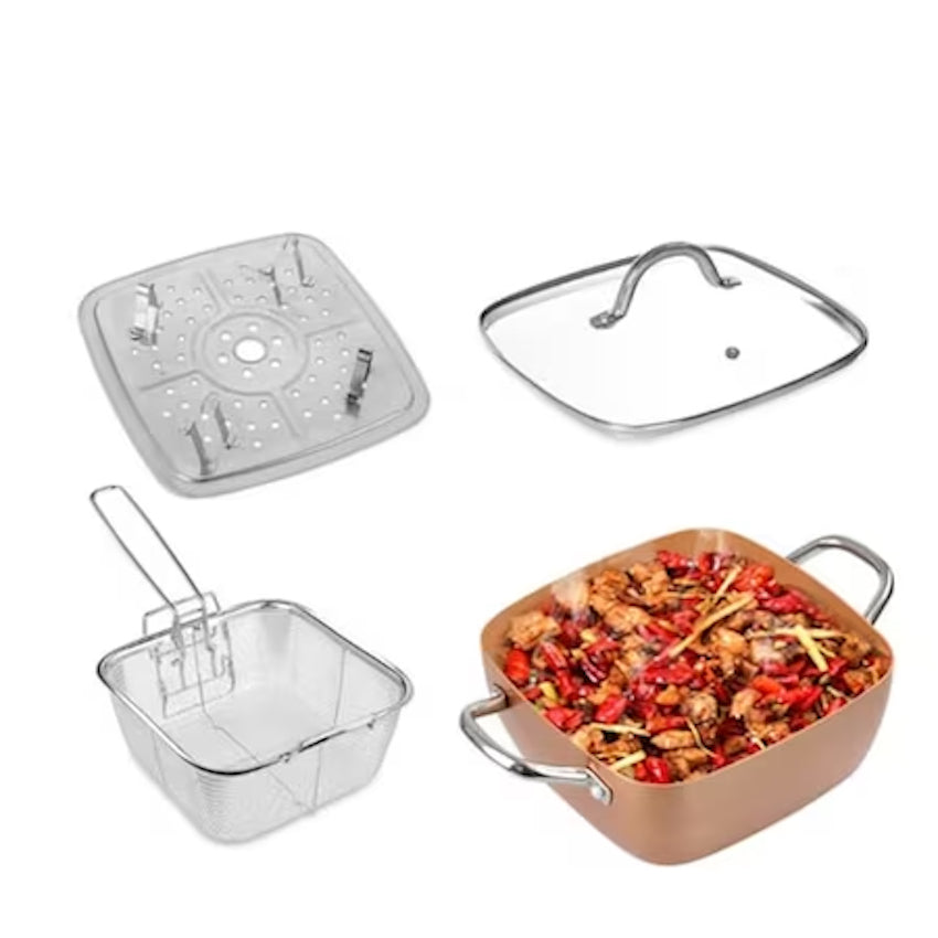 Set tigaie multifunctionala, 5 piese, pentru gatit la abur, cu placa de inductie din otel inoxidabil