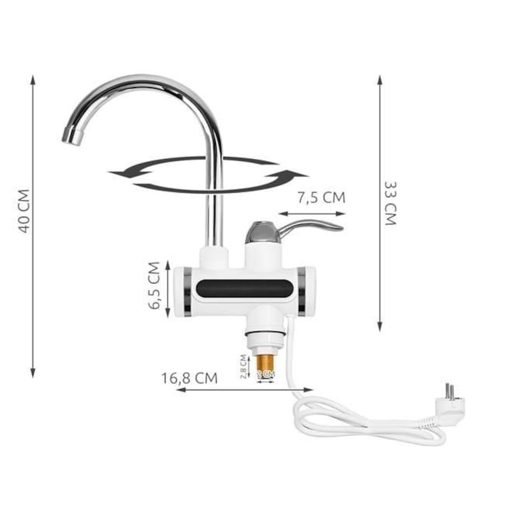 Robinet electric pentru apa calda instant, afisaj LCD, 360 grade, temperatura reglabila, putere 3000W