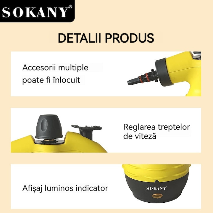 Aparat de Curățat cu Abur Multifuncțional 6 în 1 SOKANY SK-13061, 2000W – Putere Industrială, Accesorii Complete, Galben-Negru