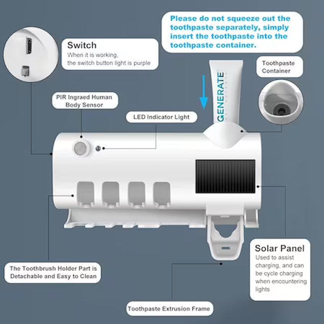 Dozator Pentru Pasta De Dinti, cu suport pentru periute, cu functie de sterilizare, lumina UV