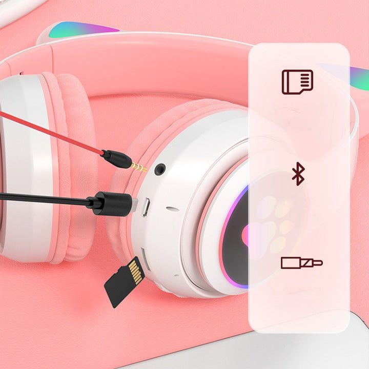 Căști Wireless Bluetooth 5.0 cu Urechi de Pisică LED, Pliabile, Microfon Integrat, Sunet Bass Stereo, pentru Copii
