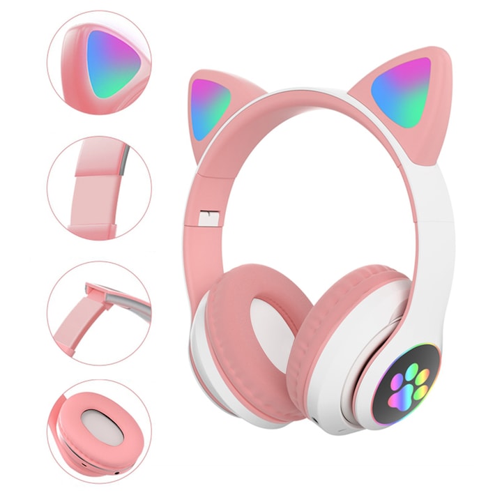 Căști Wireless Bluetooth 5.0 cu Urechi de Pisică LED, Pliabile, Microfon Integrat, Sunet Bass Stereo, pentru Copii
