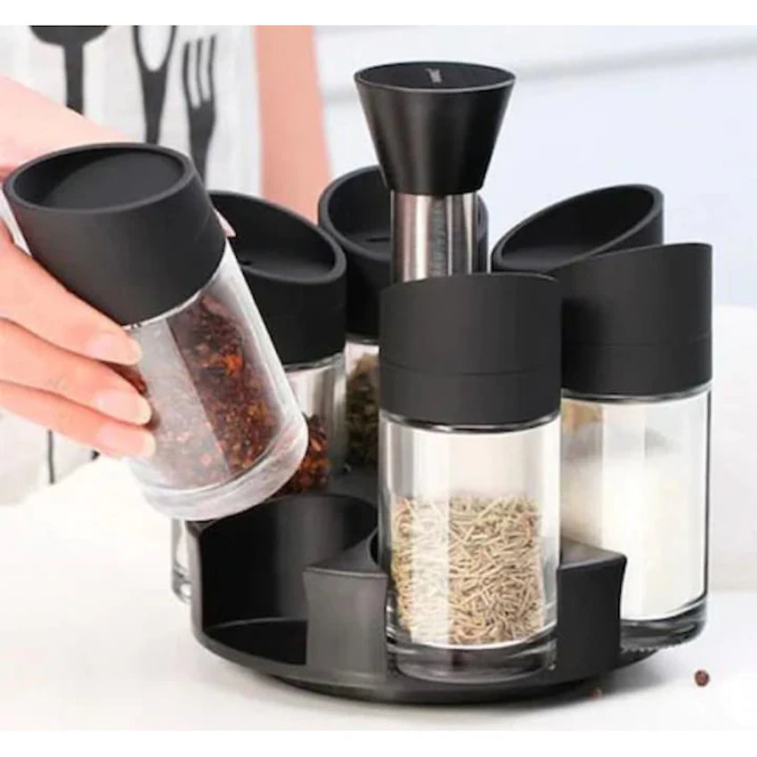 Suport 6 recipiente pentru condimente cu suport rotativ, negru