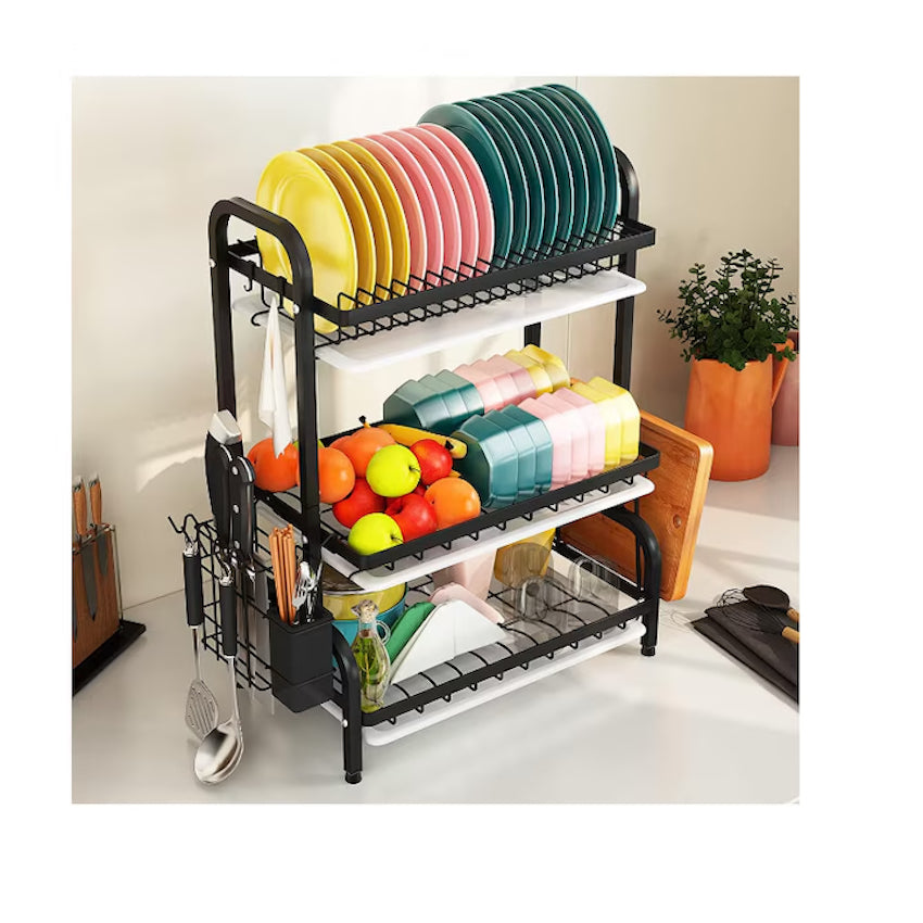 Uscator de vase supraetajat cu 3 polite din metal, negru