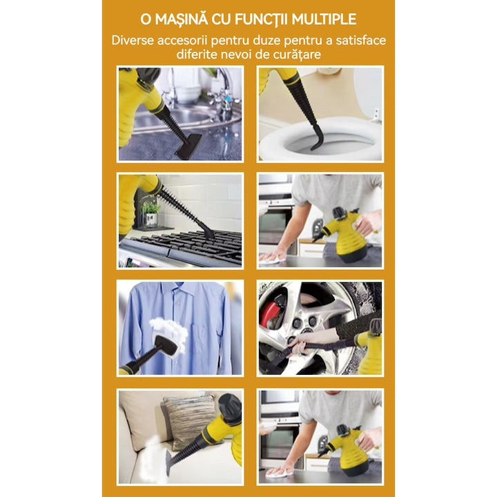Aparat de Curățat cu Abur Multifuncțional 6 în 1 SOKANY SK-13061, 2000W – Putere Industrială, Accesorii Complete, Galben-Negru