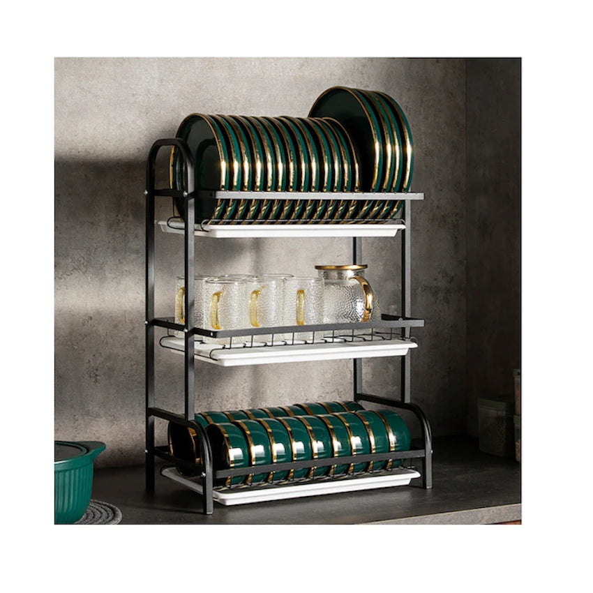 Uscator de vase supraetajat cu 3 polite din metal, negru