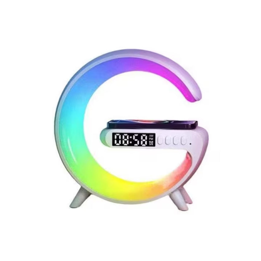 Boxa multifunctionala 4 in 1 lumina led RGB, ceas digital, incarcator wireless,  lampa de veghe, radio, conectivitate Bluetooth si port USB