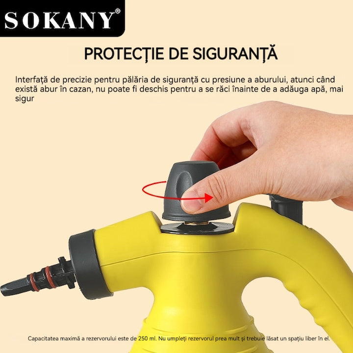 Aparat de Curățat cu Abur Multifuncțional 6 în 1 SOKANY SK-13061, 2000W – Putere Industrială, Accesorii Complete, Galben-Negru
