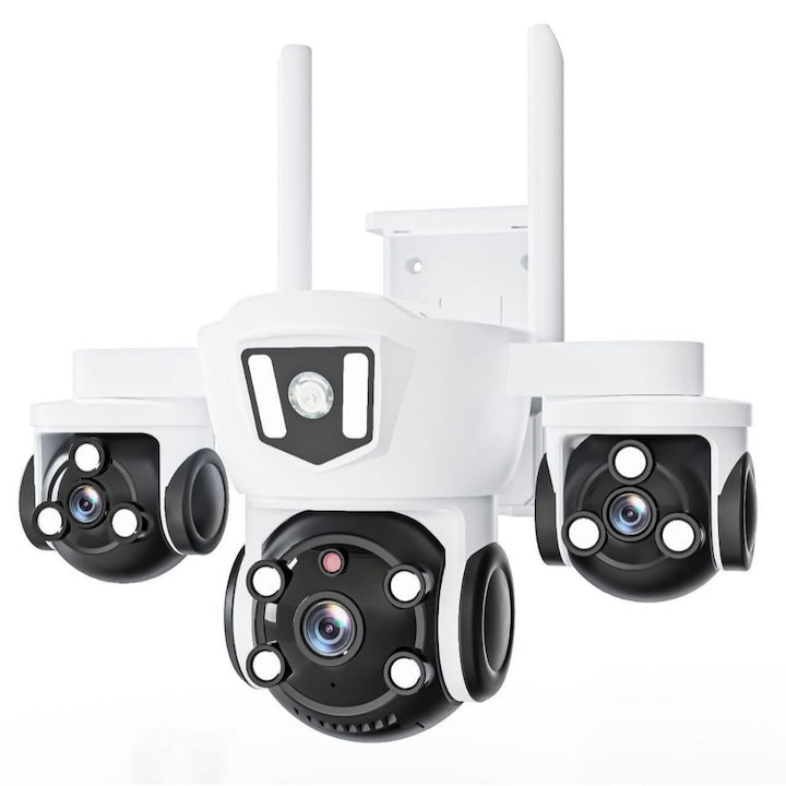 Camera de Supraveghere WiFi cu 3 Obiective, 15MP, Zoom 10X, Rotatie 360°, Night Vision Color, IP66