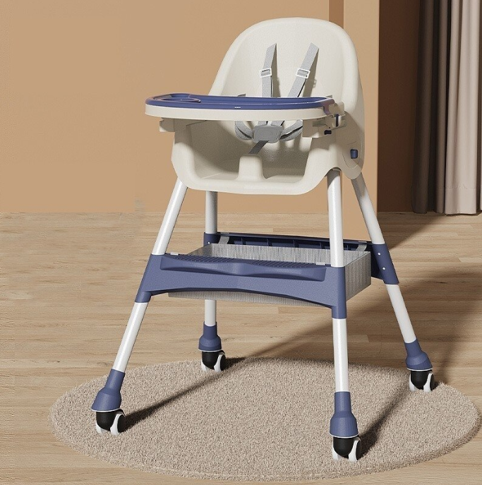 Scaun de masa pentru bebelusi si copii, telescopic, pliabil, masuta reglabila, suport picioare, centura siguranta, Albastru
