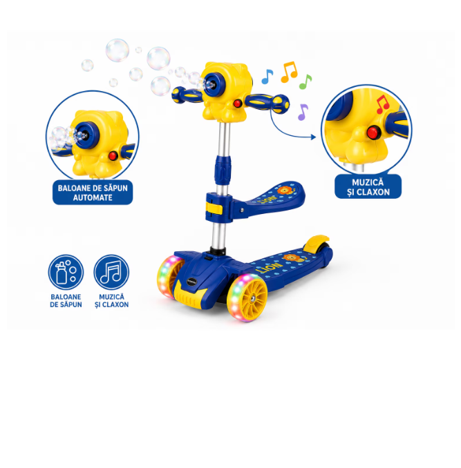 Trotineta 3 in 1 pentru Baieti, cu Scaun, Lumini LED, Muzica si Baloane de Sapun, Reglabila pe Inaltime