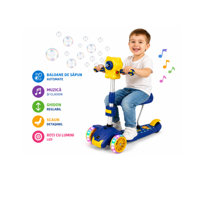 Trotineta 3 in 1 pentru Baieti, cu Scaun, Lumini LED, Muzica si Baloane de Sapun, Reglabila pe Inaltime