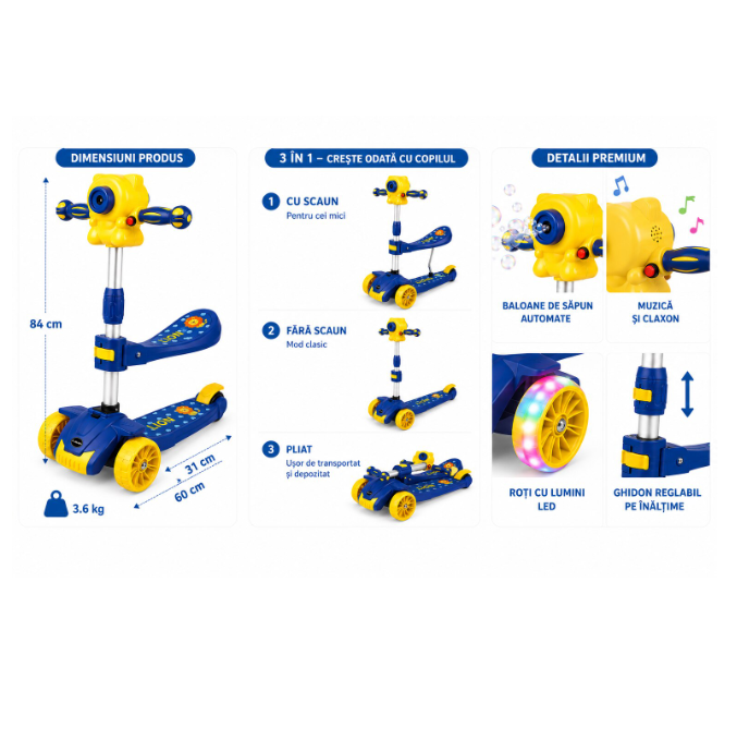 Trotineta 3 in 1 pentru Baieti, cu Scaun, Lumini LED, Muzica si Baloane de Sapun, Reglabila pe Inaltime