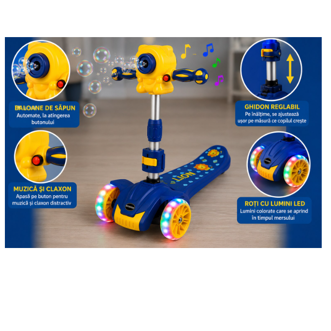 Trotineta 3 in 1 pentru Baieti, cu Scaun, Lumini LED, Muzica si Baloane de Sapun, Reglabila pe Inaltime